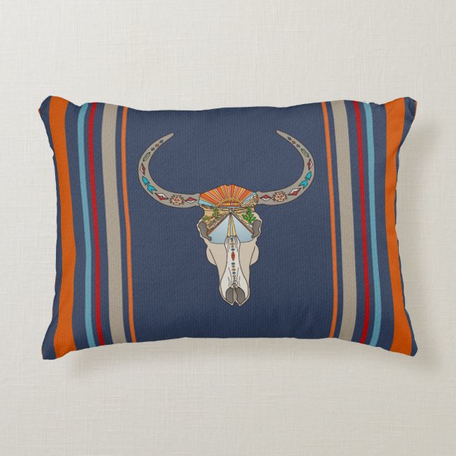 Almofada Decorativa Steer Skull Southwest Desert Sunset Stripes (Frente)