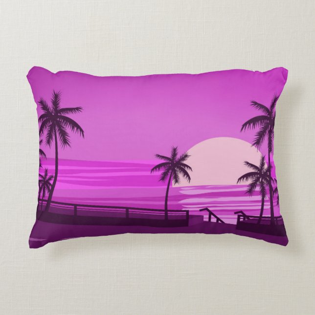 Almofada Decorativa Sunset,  ocean,  evening,  palm trees sea shore,   (Frente)