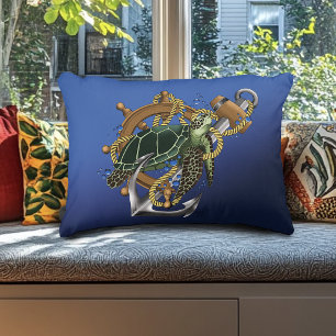 Almofada Decorativa Tartaruga Marinha Náutica Âncora Roda do Navio Azu