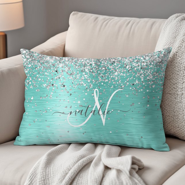 Almofada Decorativa Teal Brugado Metal Silver Glitter Nome Monograma (Criador carregado)