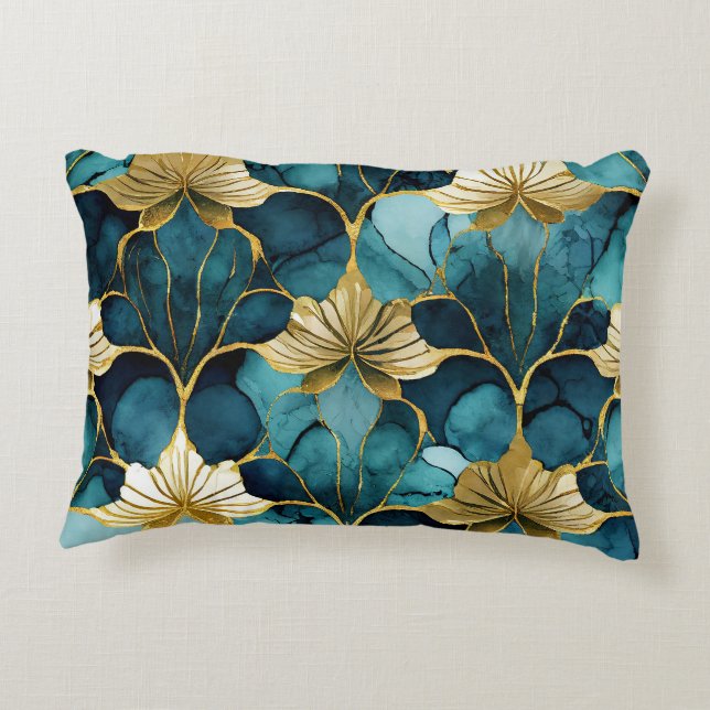 Almofada Decorativa Teal Floral Japonês Dourado (Verso)