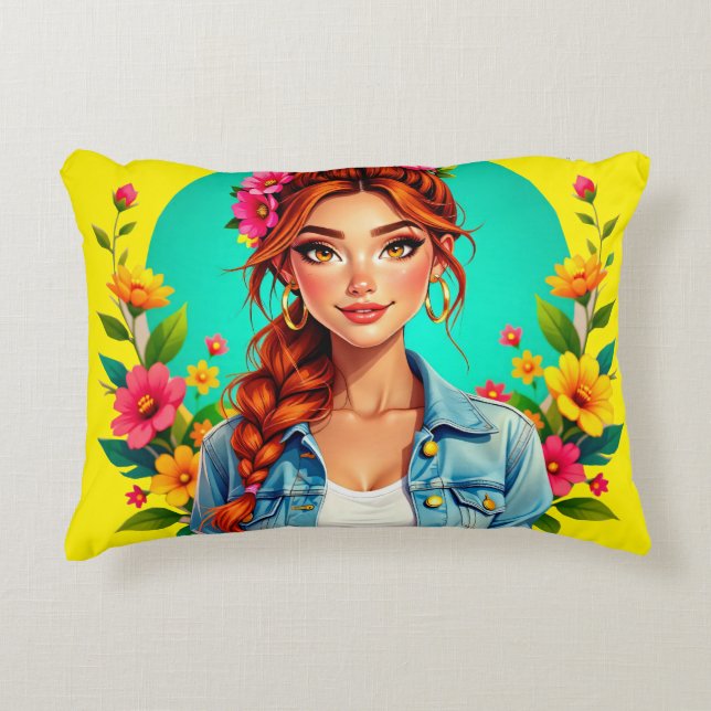 Almofada Decorativa Teen Girl Aestic - Retrato de Cartoon Floral (Frente)