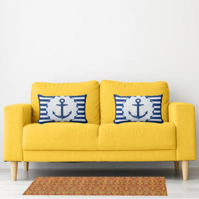 Almofada Decorativa Tema Náutico Tema Azul Âncora Branca Faixa Marinha (Criador carregado)