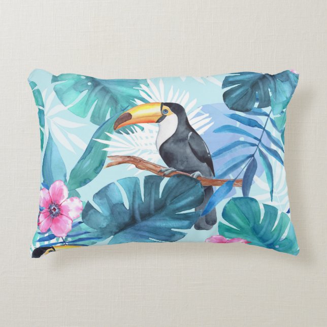 Almofada Decorativa Toucans de aquarela: Tropical Sem costura (Frente)
