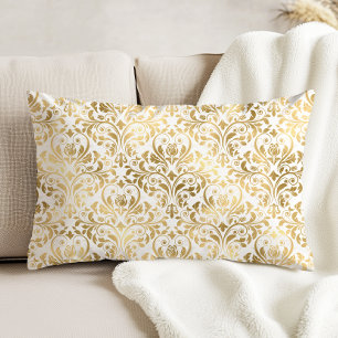 Almofada Decorativa Travesseiro Elegante Vintage Damasco Dourado Branc