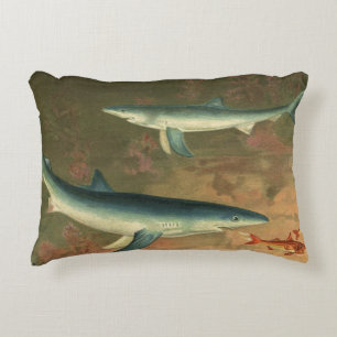 Almofada Decorativa Tubarões-Azuis Comendo Peixes, Vida Marinha Antiga
