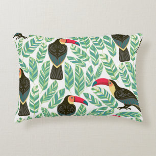 Almofada Decorativa Tucanos, folhas tropicais, padrão decorativo.
