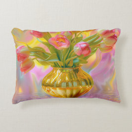 Almofada Decorativa Tulipas Rosa Vibrantes em Vase Ouro