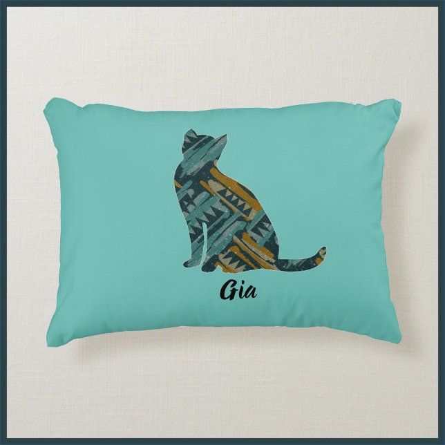 Almofada Decorativa Turquesa abstrato e gato Dourado (Criador carregado)