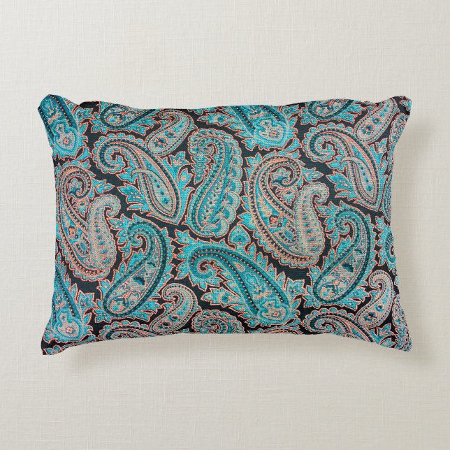 Almofada Decorativa Turquesa e Coral Paisley (Frente)