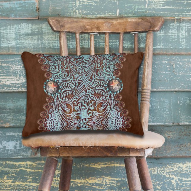 Almofada Decorativa Turquesa russa marrom padrão do país ocidental (Rustic brown turquoise western country pattern accent pillow)