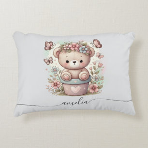 Almofada Decorativa Urso de Teddy Bonito e Nome Personalizado Floral
