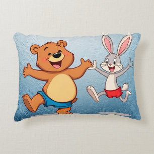 Almofada Decorativa Urso e coelho de desenho animado alegre dançando a