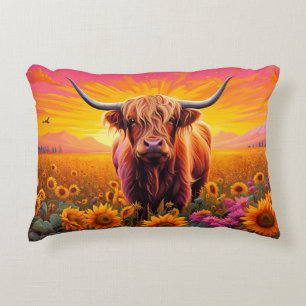 Almofada Decorativa Vaca Highland no Sunflower, Sunrise