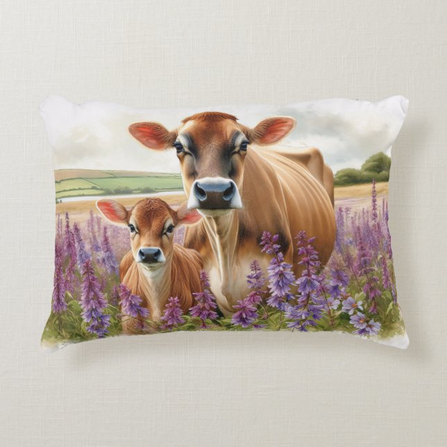 Almofada Decorativa Vaca Jersey e Bezerro Flor Silvestre (Frente)