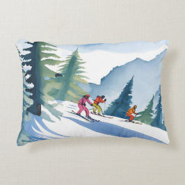 Almofada Decorativa Vamos Esquiar | Pintura em Aquarela de Inverno