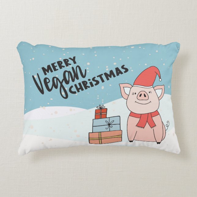 Almofada Decorativa Vegan Christmas com leitão de desenho animado e pr (Frente)