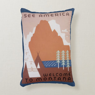 Almofada Decorativa Veja a América Bem-vindo a Montana, Viagens Antiga