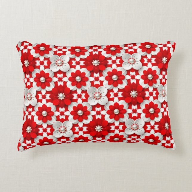 Almofada Decorativa Vibrant Red And White Floral Pattern With Pearl (Frente)