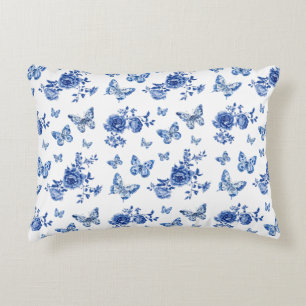 Almofada Decorativa Vintage Chinoiserie Blue Borboletas Brancas Flores