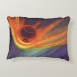 Almofada Decorativa Vintage Science Ficting, Foguete Brilhante no Espa<br><div class="desc">Ilustração vinda do espaço exterior futurista e planetas Science Fiction imagem apresentando um foguete redondo no espaço orbitando um planeta e voando sobre as estrelas. É um brilho de cores vermelhas,  amarelas e laranja,  reflexo do sol. Um 50 de quadrinhos retrô clássico e design de ficção científica de transporte.</div>