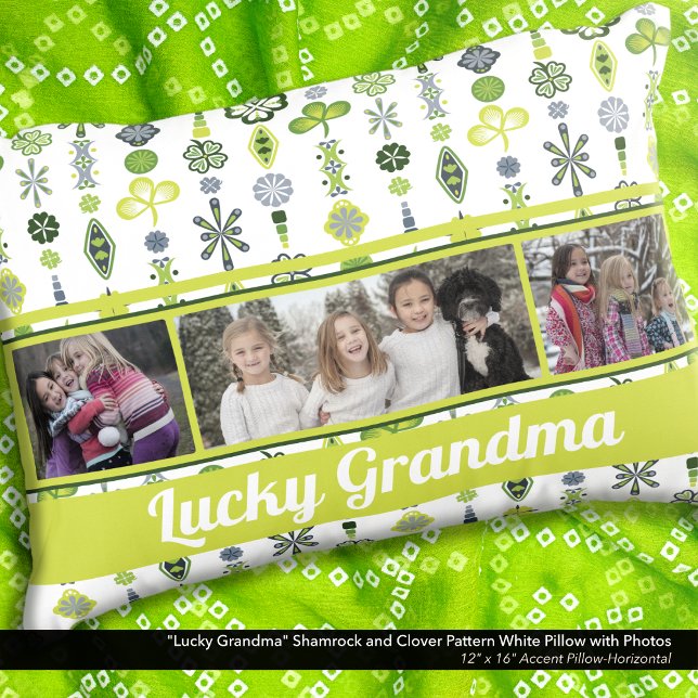 Almofada Decorativa "Vovó Sortuda" Shamrock Clover Pattern Foto ("Lucky Grandma" Shamrock and Clover Pattern Pillow: Personalize with six different photos)