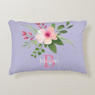 Almofada Decorativa Watercolor Flower, Name & Monogram on Lavender