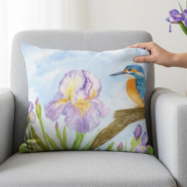 Almofada Decorativa Watercolor Kingfisher with Purple Irises