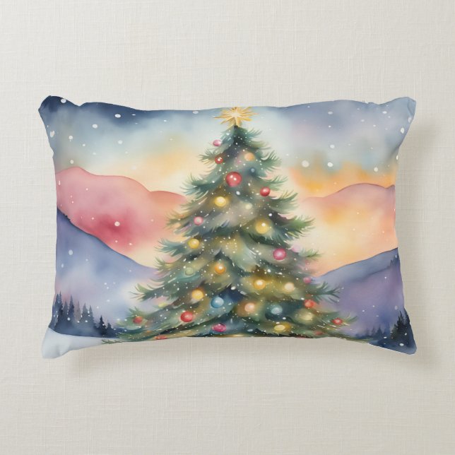 Almofada Decorativa Winter Christmas Tree Snowy Sunset Scenery (Frente)
