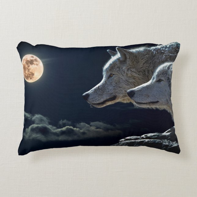 Almofada Decorativa Wolf Wolves Howling na lua cheia à noite (Frente)