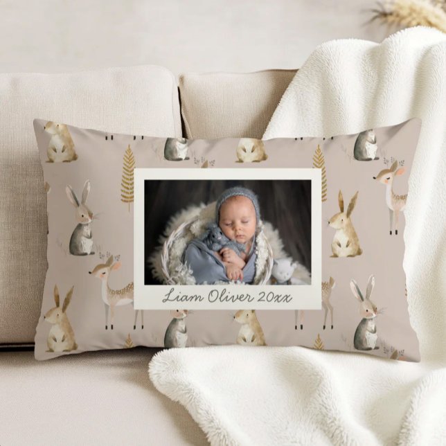 Almofada Decorativa Woodland Pattern Beige Gray Custom Photo Nursery (Criador carregado)