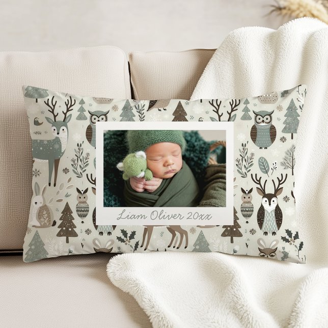 Almofada Decorativa Woodland Pattern Green Brown Custom Photo Nursery (Criador carregado)