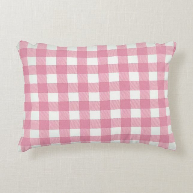 Almofada Decorativa Xadrez de Buffalo de Gingham Branco rosa, vestidos (Frente)