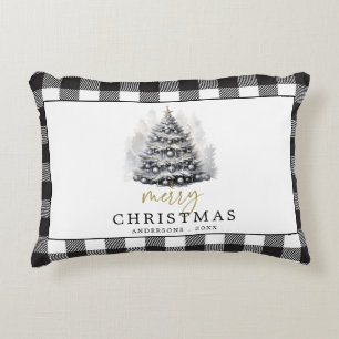 Almofada Decorativa Xadrez de Cheque de Búfalo Branco Negro Feliz Nata