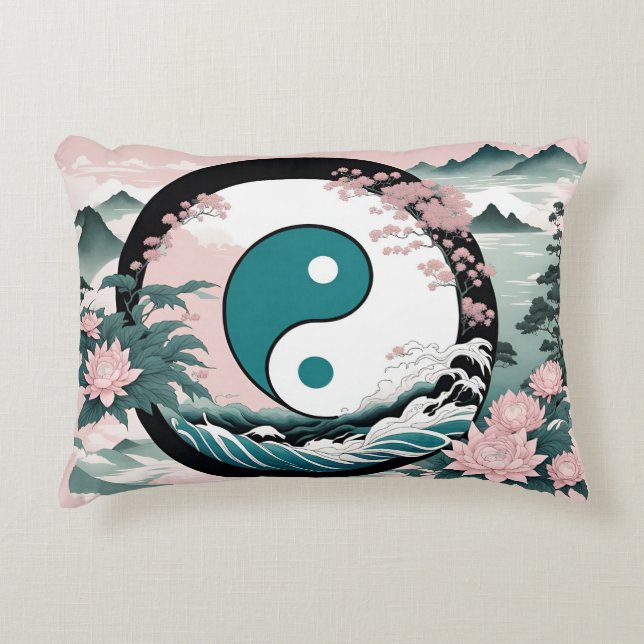 Almofada Decorativa Yin Yang, Floral Mountain Pink Sage Teal (Frente)
