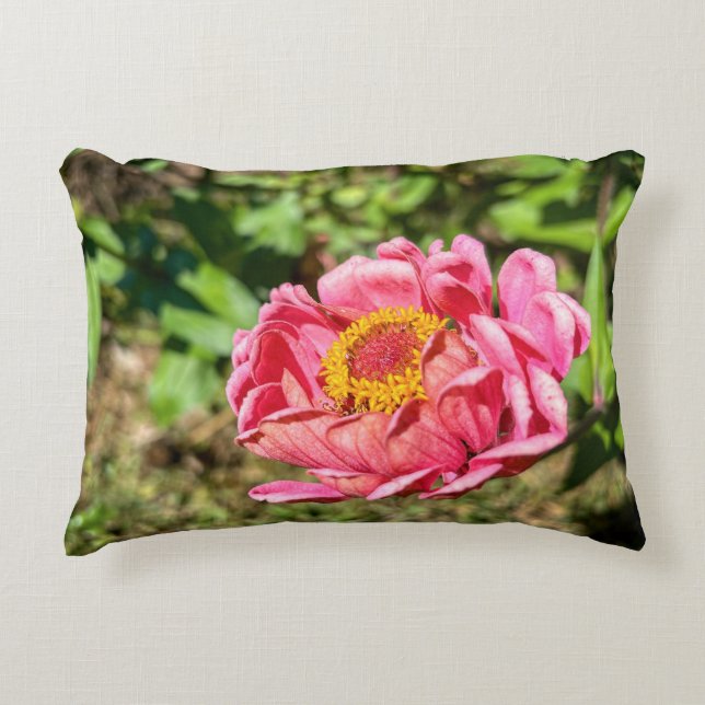 Almofada Decorativa Zinnia rosa com centro amarelo (Frente)