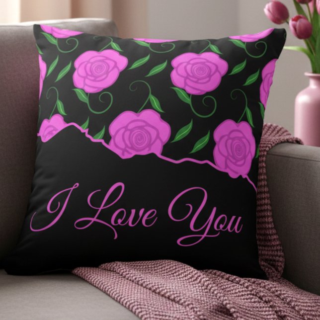 Almofada Deep Pink Roses On Black Love You (Pink roses on black. Elegant and personal. Great for mom, partner or anyone you love.)