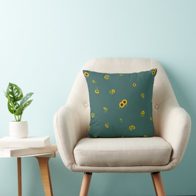 Almofada Deep Teal Japanese Sunflower Floral Pattern (Cadeira)