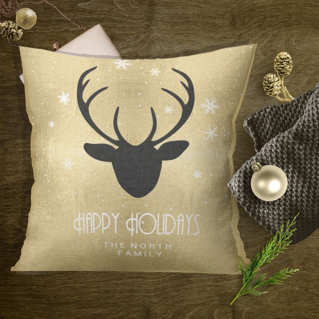 Almofada Deer Antlers Silhouette & Snowflakes Dourado ID861 (Criador carregado)