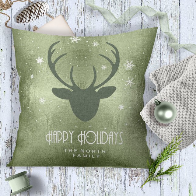 Almofada Deer Antlers Silhouette & Snowflakes Green ID861 (Criador carregado)