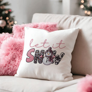 Almofada Deixe-o nevar Bonito Snowman Rosa