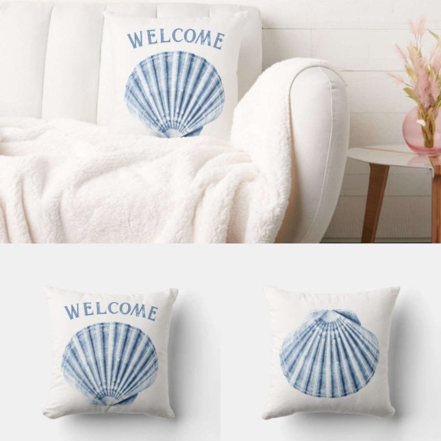 Almofada Delft Blue Clam Sea Shell NMaritime Beach House (Front and back view with couch. )