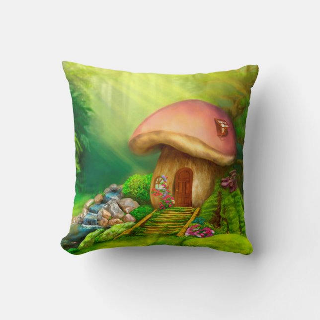Almofada Descanse 16" x 16" casa do cogumelo da fantasia (Frente)