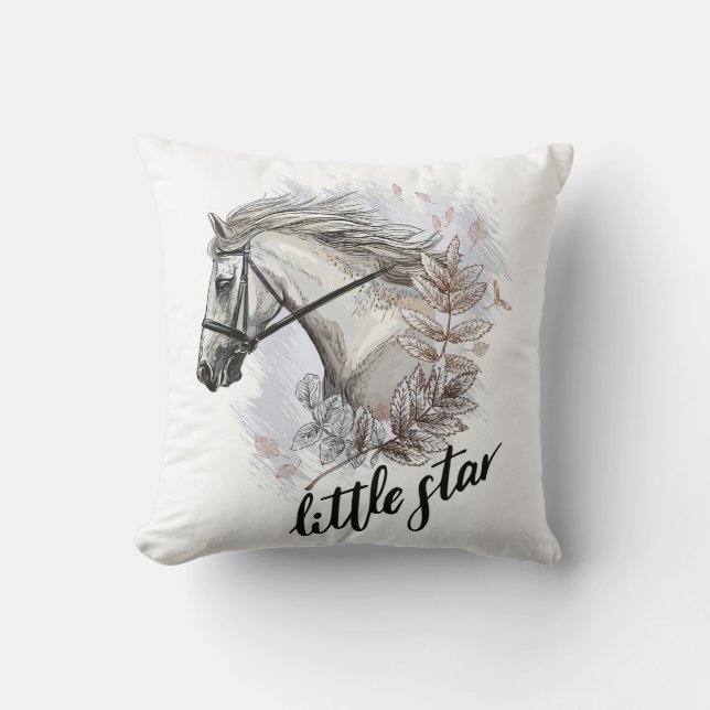 Almofada Desenho à mão de cavalo com plantas (Frente)