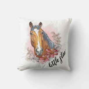 Almofada Desenho à mão de cavalo com plantas e flores