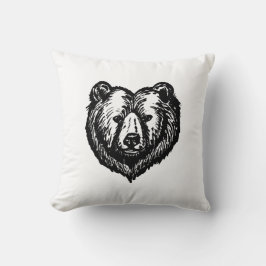 Almofada Desenho a Tinta da Cara de Urso Preto e Branco