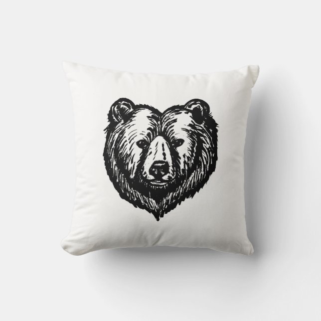 Almofada Desenho a Tinta da Cara de Urso Preto e Branco (Frente)