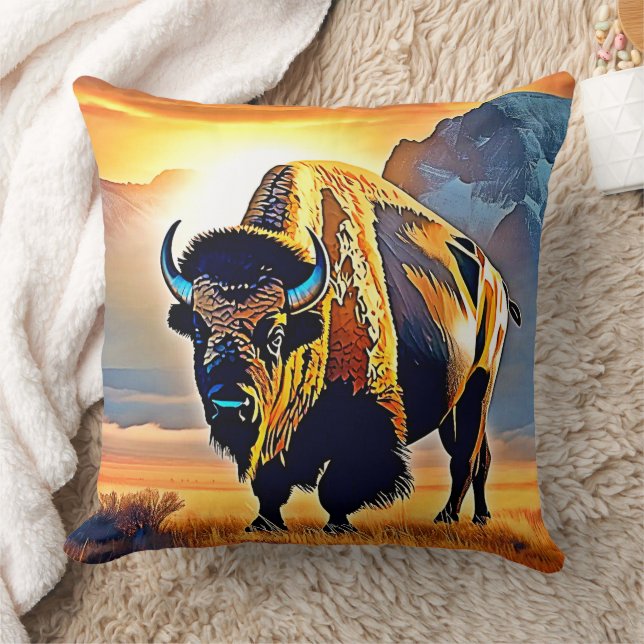 Almofada Desenho Artístico de Bisonte da Montanha do Pôr do (Cobertor)