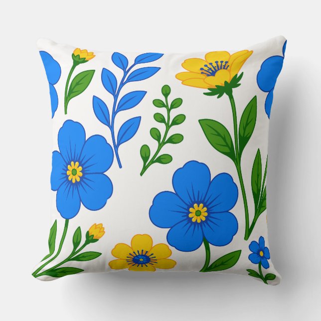 Almofada Desenho Botânico Floral Azul e Amarelo (Frente)