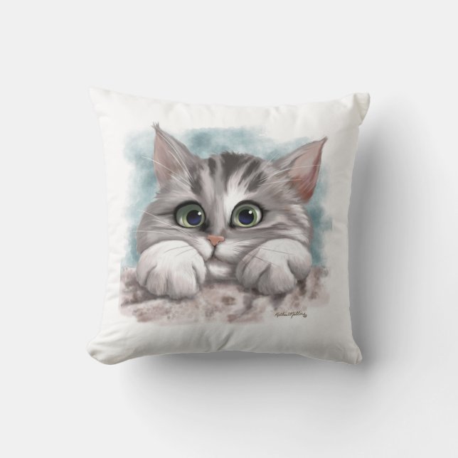Almofada Desenho de adorável gatinho cinza tabby (Frente)